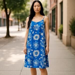 Women's Dress Blue white Cotton Tropical Hawaiian Halter Vintage Floral Pockets